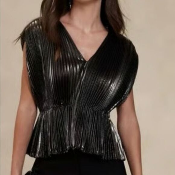 Banana Republic Metallic Pleated Women's Top - Silver Black New With Tags - Picture 1 of 14